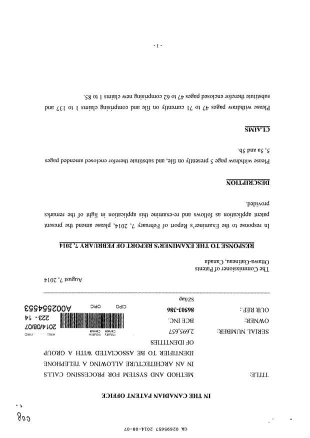 Canadian Patent Document 2695657. Prosecution-Amendment 20131207. Image 1 of 29