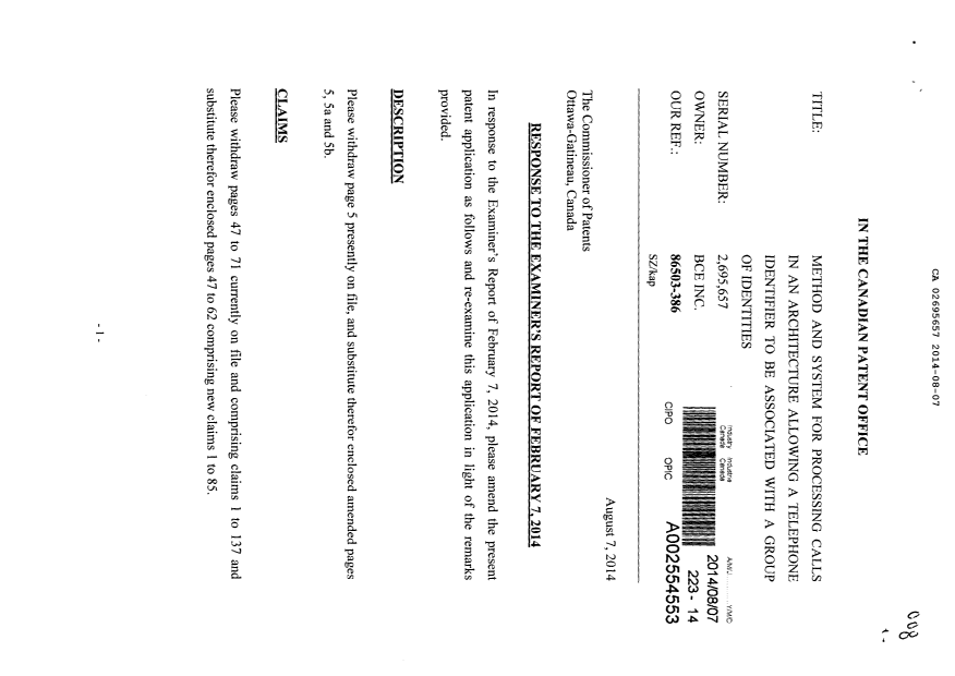 Canadian Patent Document 2695657. Prosecution-Amendment 20131207. Image 1 of 29