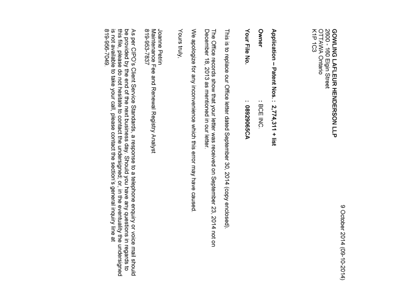 Canadian Patent Document 2695657. Correspondence 20141009. Image 1 of 1
