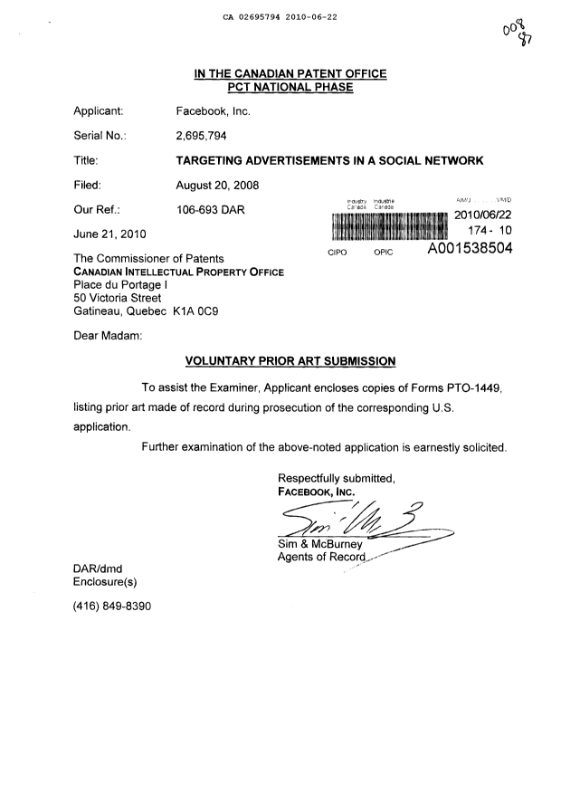 Canadian Patent Document 2695794. Prosecution-Amendment 20091222. Image 1 of 1