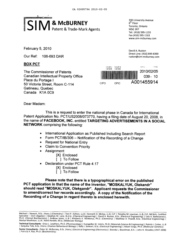 Document de brevet canadien 2695794. Cession 20100205. Image 1 de 12