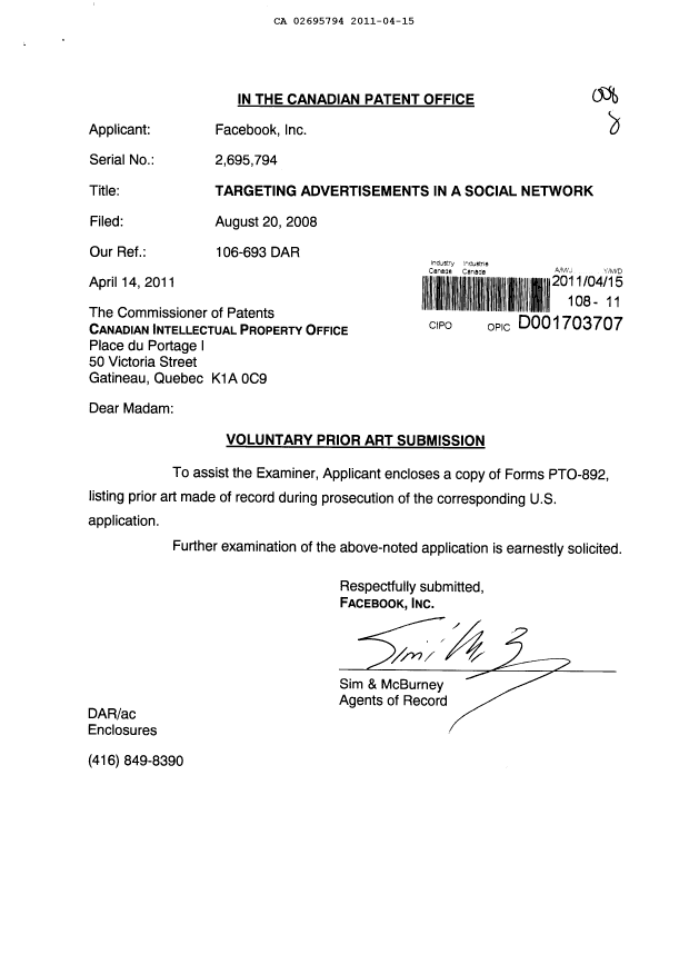 Canadian Patent Document 2695794. Prosecution-Amendment 20101215. Image 1 of 1