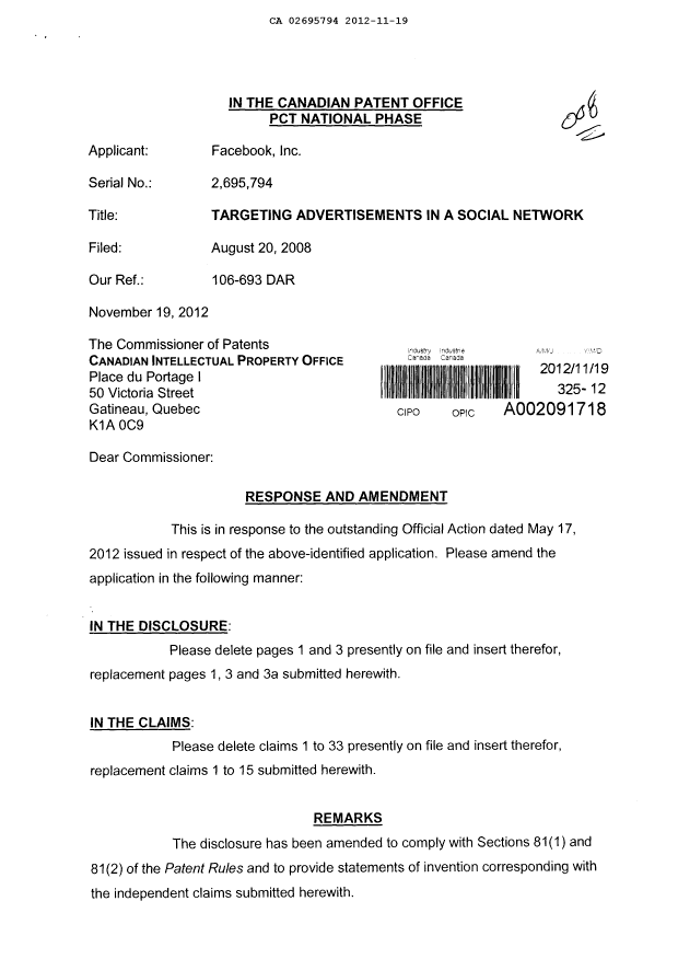 Canadian Patent Document 2695794. Prosecution-Amendment 20111219. Image 1 of 11