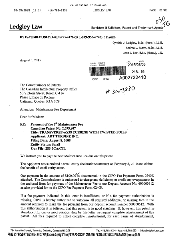 Canadian Patent Document 2695807. Maintenance Fee Payment 20150805. Image 1 of 2