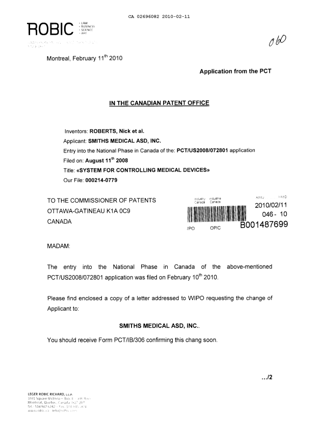 Document de brevet canadien 2696082. Correspondance 20091211. Image 1 de 3
