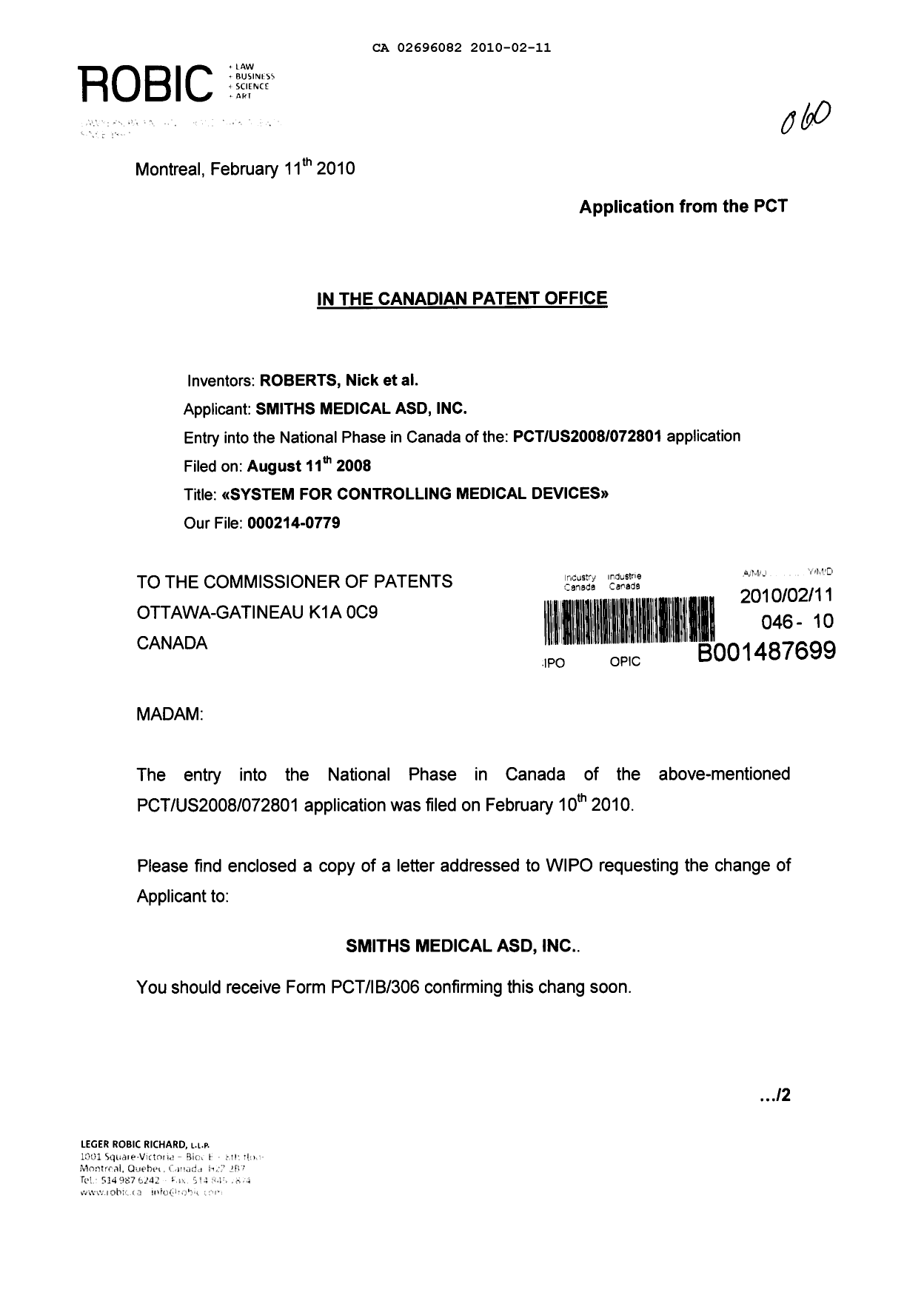 Canadian Patent Document 2696082. Correspondence 20091211. Image 1 of 3