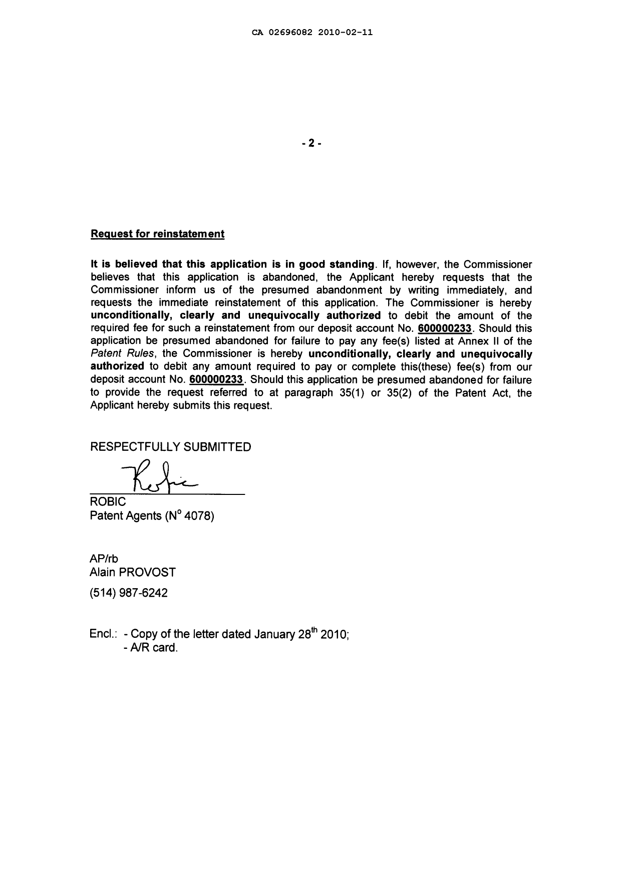 Canadian Patent Document 2696082. Correspondence 20091211. Image 2 of 3