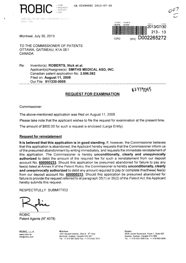 Canadian Patent Document 2696082. Prosecution-Amendment 20121230. Image 1 of 2