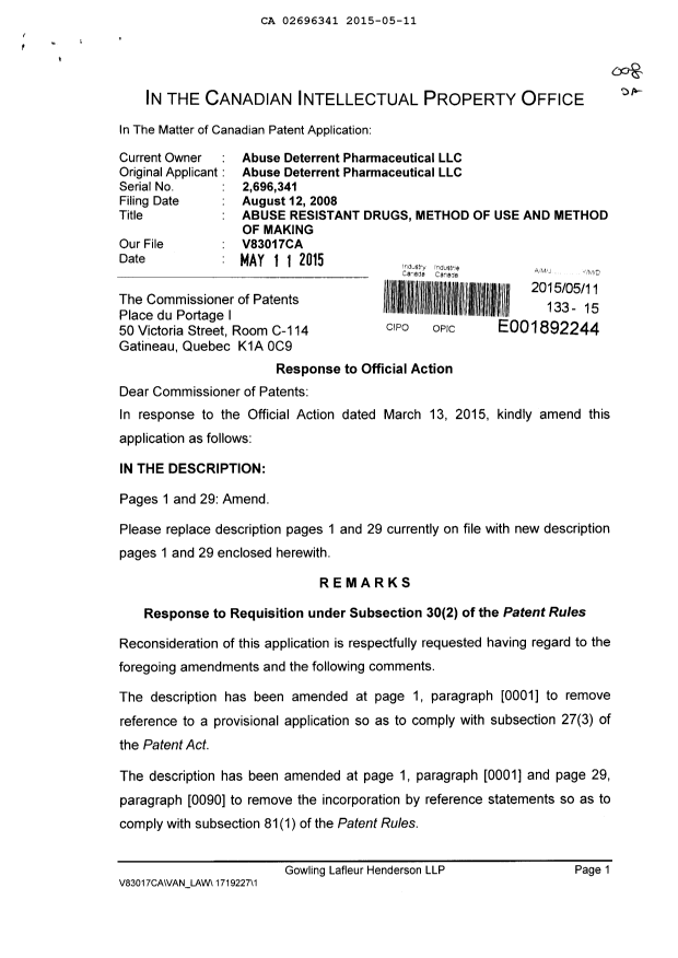 Canadian Patent Document 2696341. Prosecution-Amendment 20141211. Image 1 of 4