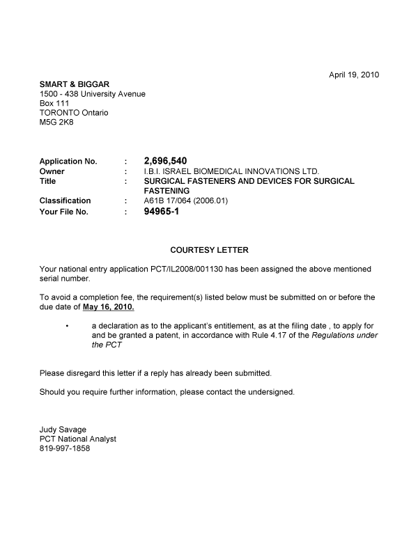 Canadian Patent Document 2696540. Correspondence 20100419. Image 1 of 1