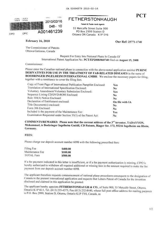 Canadian Patent Document 2696579. Assignment 20091216. Image 1 of 3