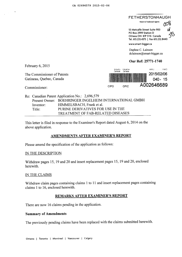Canadian Patent Document 2696579. Prosecution-Amendment 20141206. Image 1 of 19