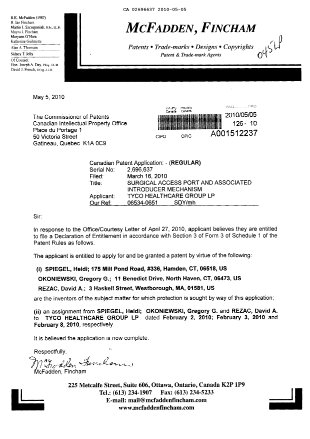 Canadian Patent Document 2696637. Correspondence 20091205. Image 1 of 1