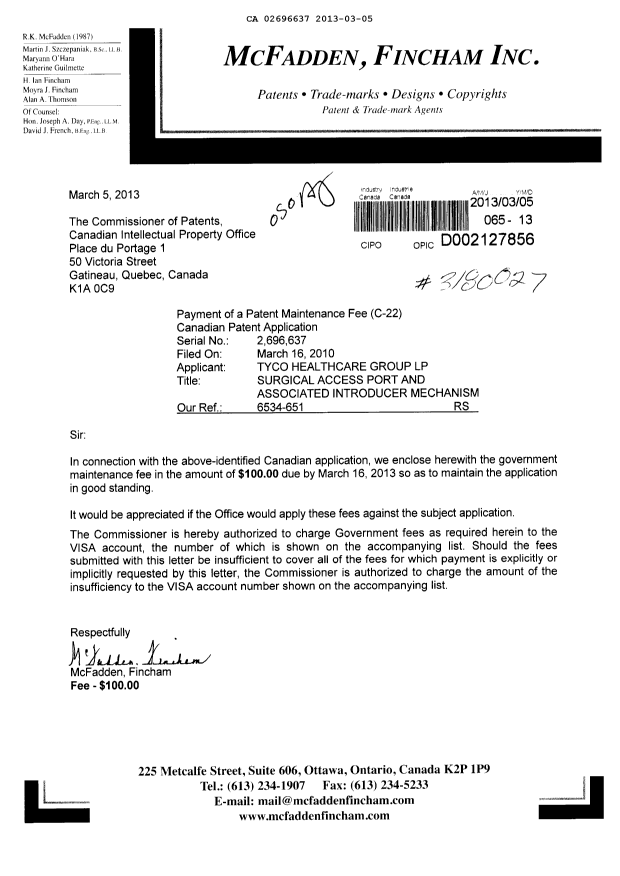 Document de brevet canadien 2696637. Taxes 20130305. Image 1 de 1
