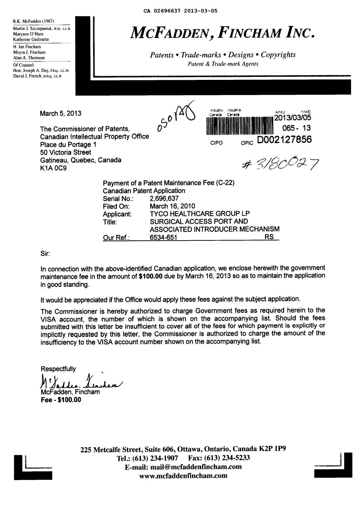 Document de brevet canadien 2696637. Taxes 20130305. Image 1 de 1