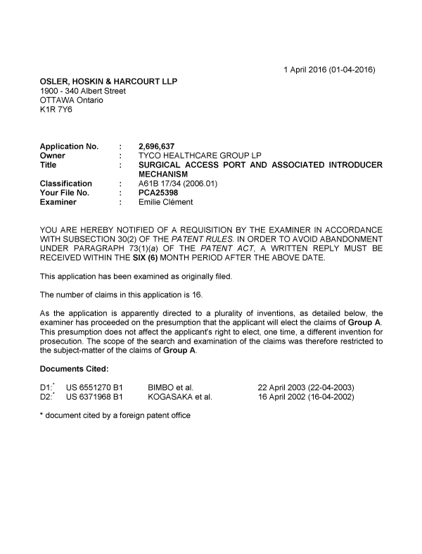 Canadian Patent Document 2696637. Examiner Requisition 20160401. Image 1 of 4