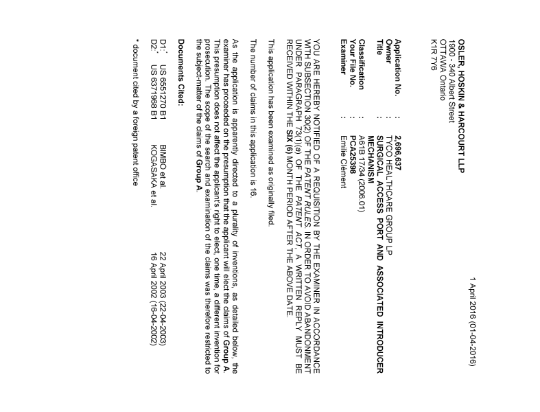 Document de brevet canadien 2696637. Demande d'examen 20160401. Image 1 de 4