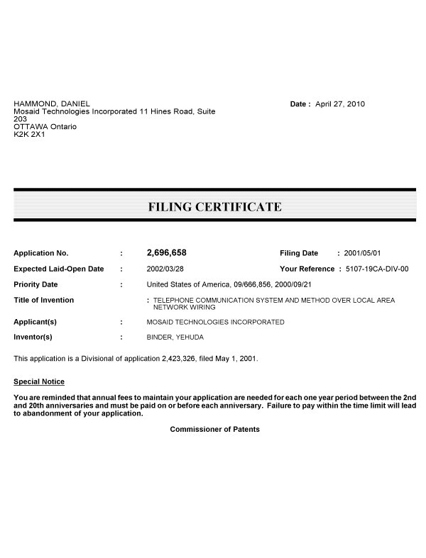 Canadian Patent Document 2696658. Correspondence 20100420. Image 1 of 1