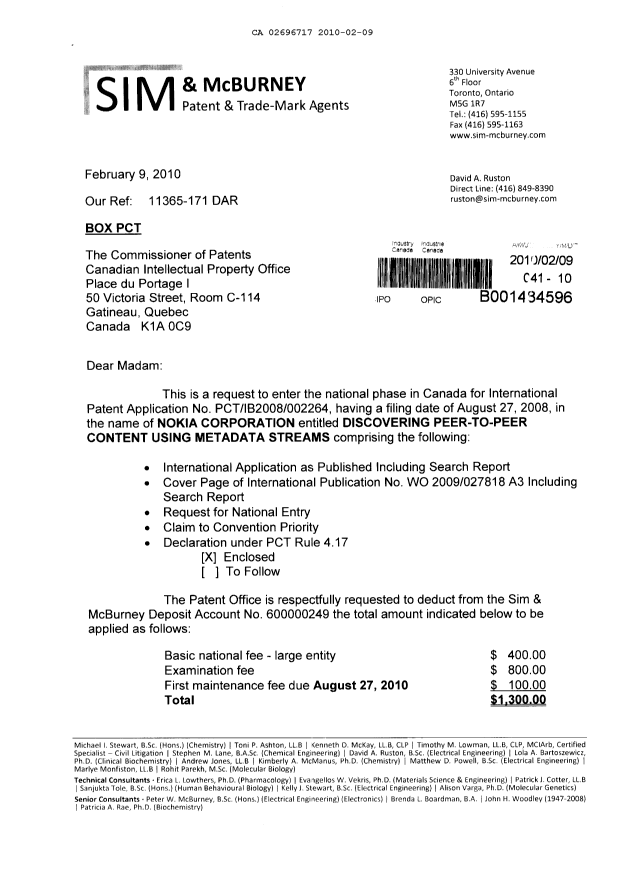 Document de brevet canadien 2696717. Cession 20100209. Image 1 de 5
