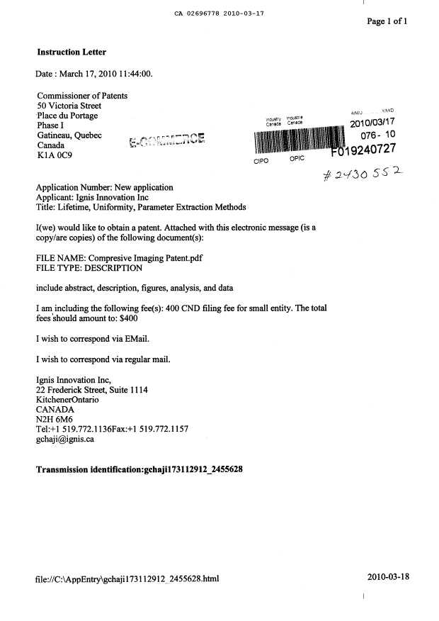 Document de brevet canadien 2696778. Cession 20100317. Image 1 de 3