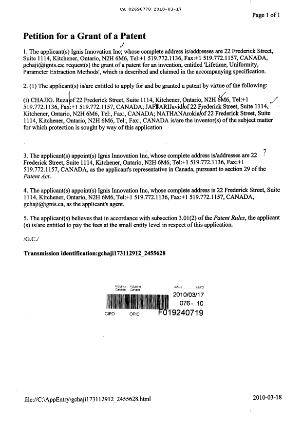 Canadian Patent Document 2696778. Assignment 20100317. Image 2 of 3
