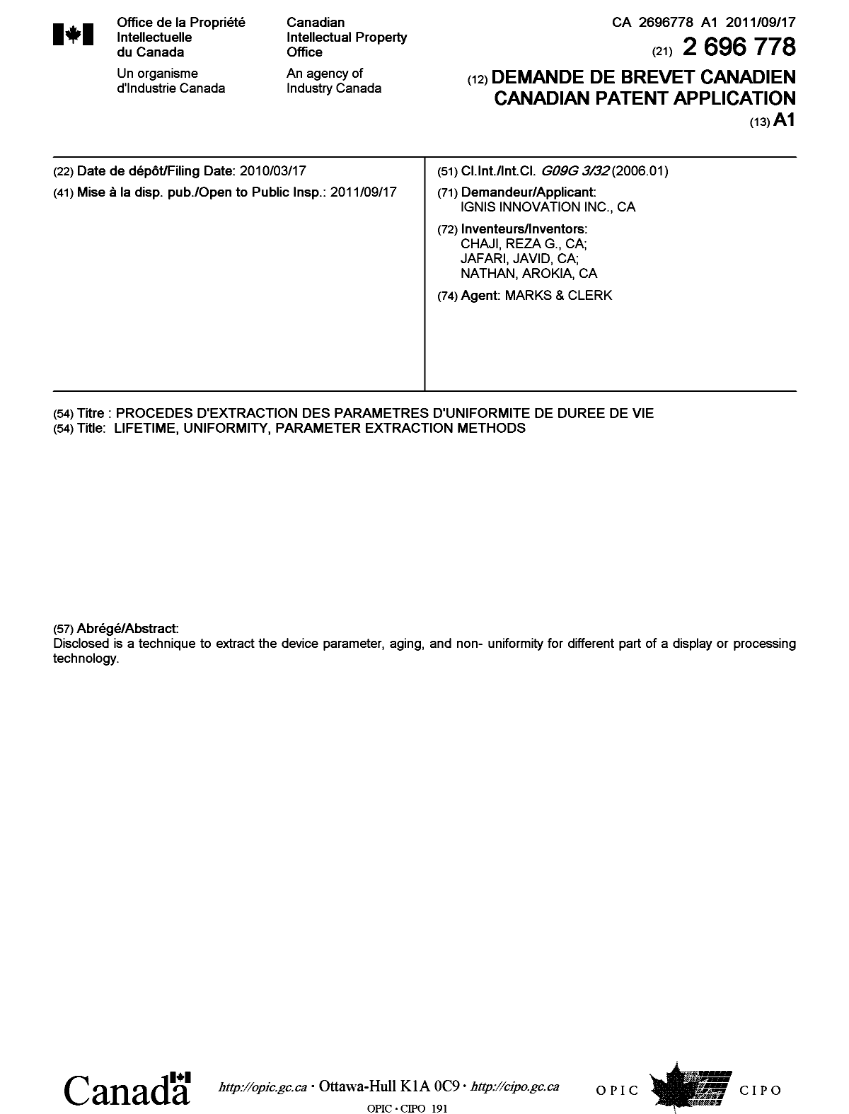 Canadian Patent Document 2696778. Cover Page 20110825. Image 1 of 1