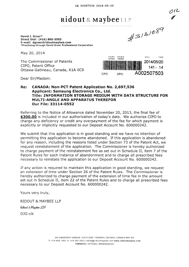 Canadian Patent Document 2697536. Correspondence 20131220. Image 1 of 1
