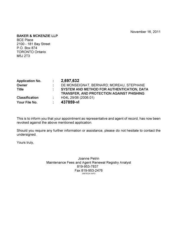 Document de brevet canadien 2697632. Correspondance 20111116. Image 1 de 1