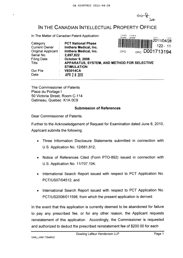 Canadian Patent Document 2697822. Prosecution-Amendment 20110428. Image 1 of 2