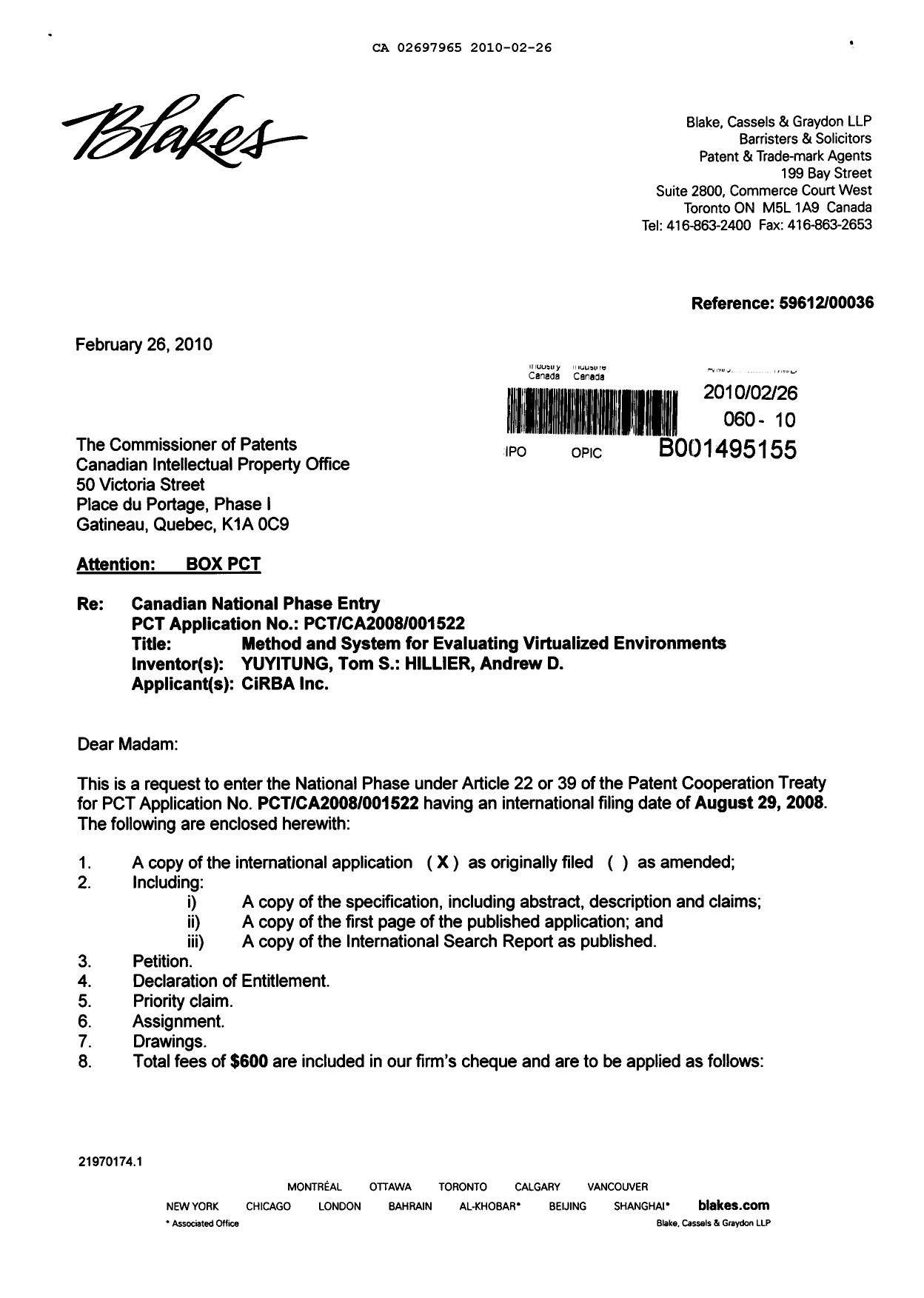 Canadian Patent Document 2697965. Assignment 20100226. Image 1 of 6