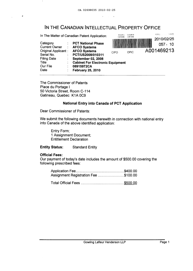 Document de brevet canadien 2698035. Cession 20100225. Image 1 de 13