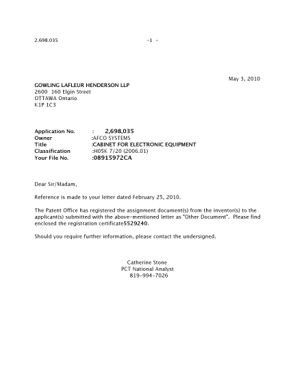 Document de brevet canadien 2698035. Correspondance 20100503. Image 1 de 1
