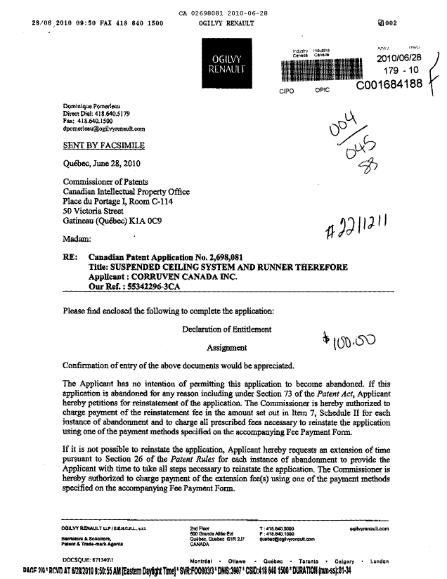 Document de brevet canadien 2698081. Correspondance 20100628. Image 1 de 3