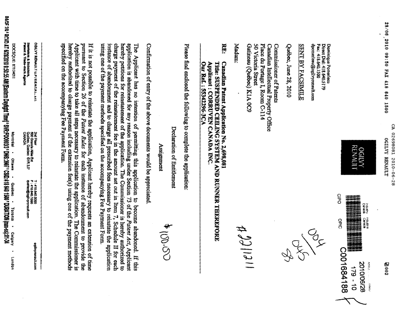 Canadian Patent Document 2698081. Correspondence 20100628. Image 1 of 3
