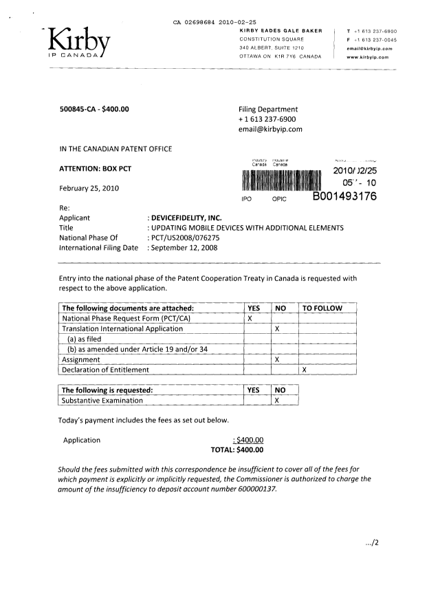 Document de brevet canadien 2698684. Cession 20100225. Image 1 de 3