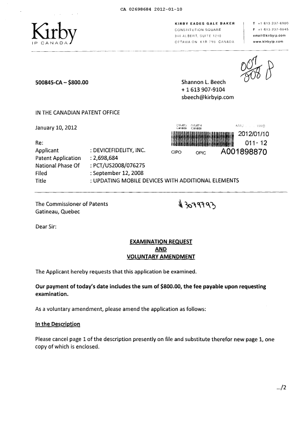 Document de brevet canadien 2698684. Poursuite-Amendment 20120110. Image 1 de 10