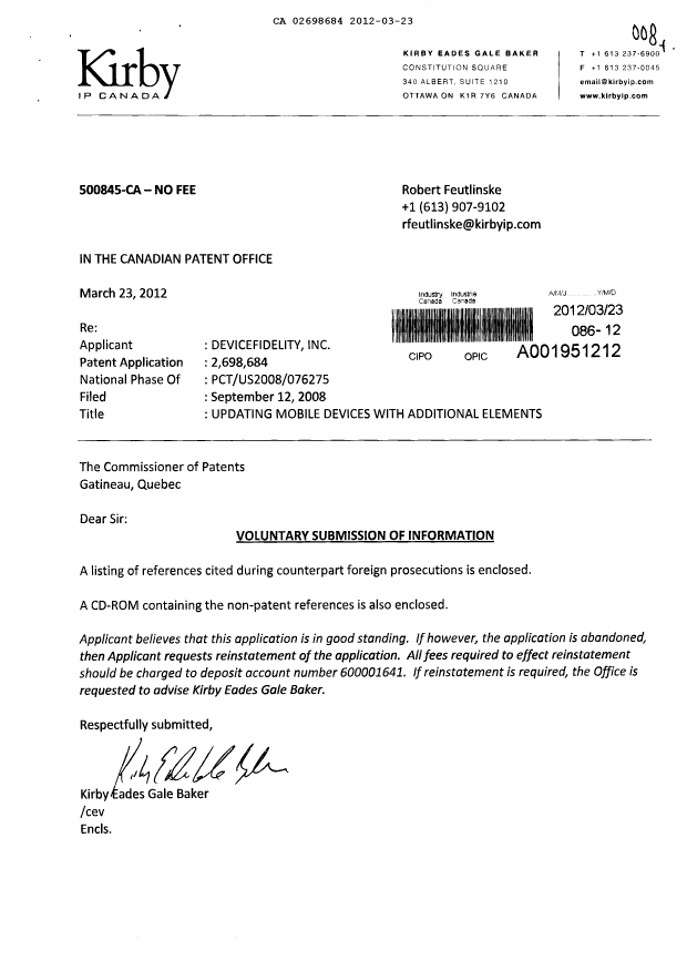 Document de brevet canadien 2698684. Poursuite-Amendment 20120323. Image 1 de 1