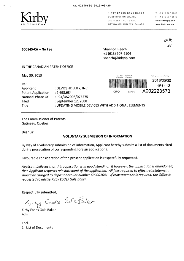 Document de brevet canadien 2698684. Poursuite-Amendment 20130530. Image 1 de 1