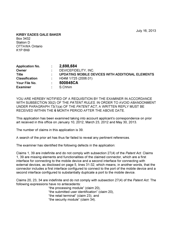 Document de brevet canadien 2698684. Poursuite-Amendment 20130716. Image 1 de 2