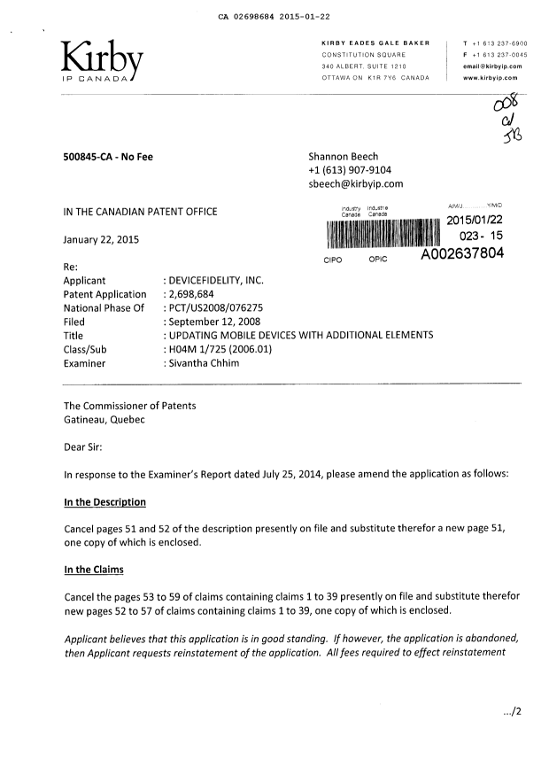 Document de brevet canadien 2698684. Poursuite-Amendment 20150122. Image 1 de 10