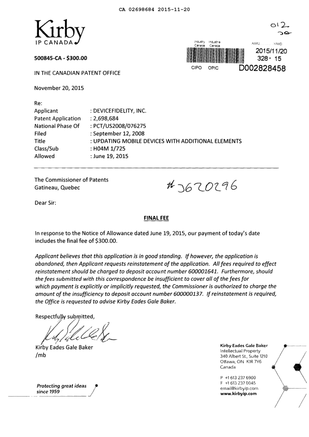 Document de brevet canadien 2698684. Taxe finale 20151120. Image 1 de 1