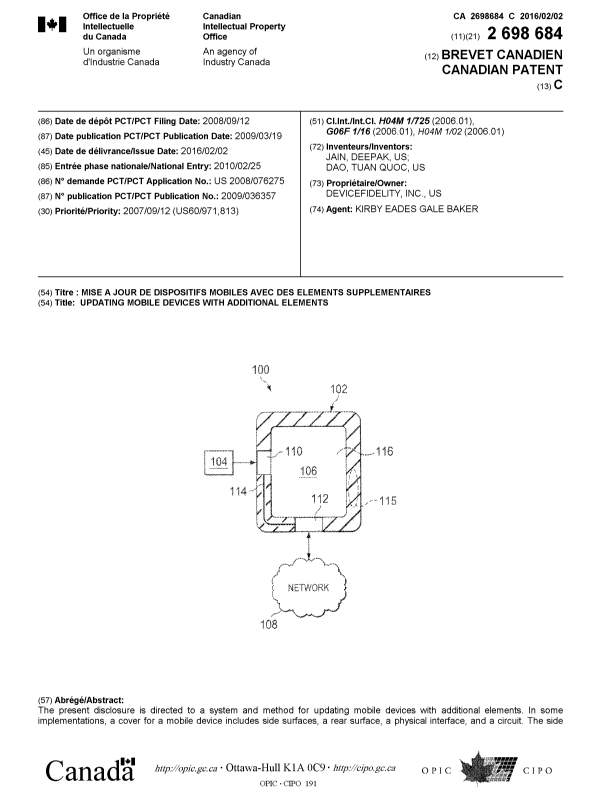 Document de brevet canadien 2698684. Page couverture 20160114. Image 1 de 2