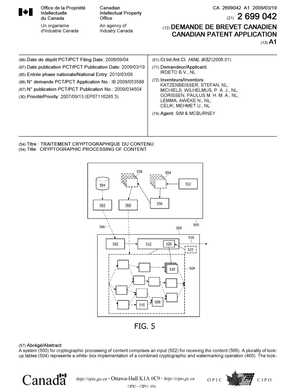 Document de brevet canadien 2699042. Page couverture 20100519. Image 1 de 2