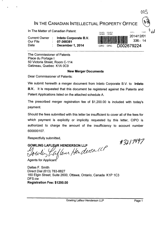 Document de brevet canadien 2699042. Cession 20141201. Image 1 de 4