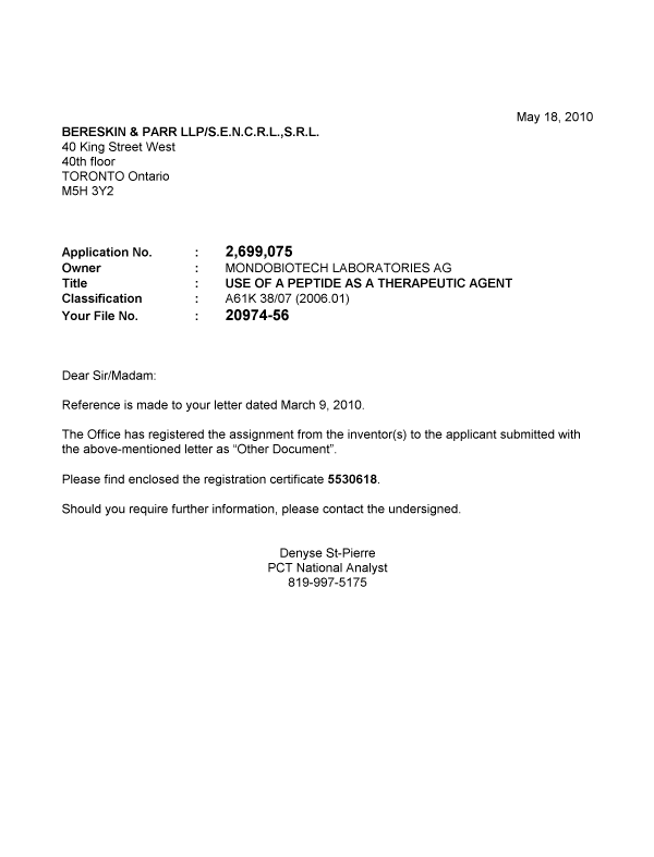 Canadian Patent Document 2699075. Correspondence 20091218. Image 1 of 1