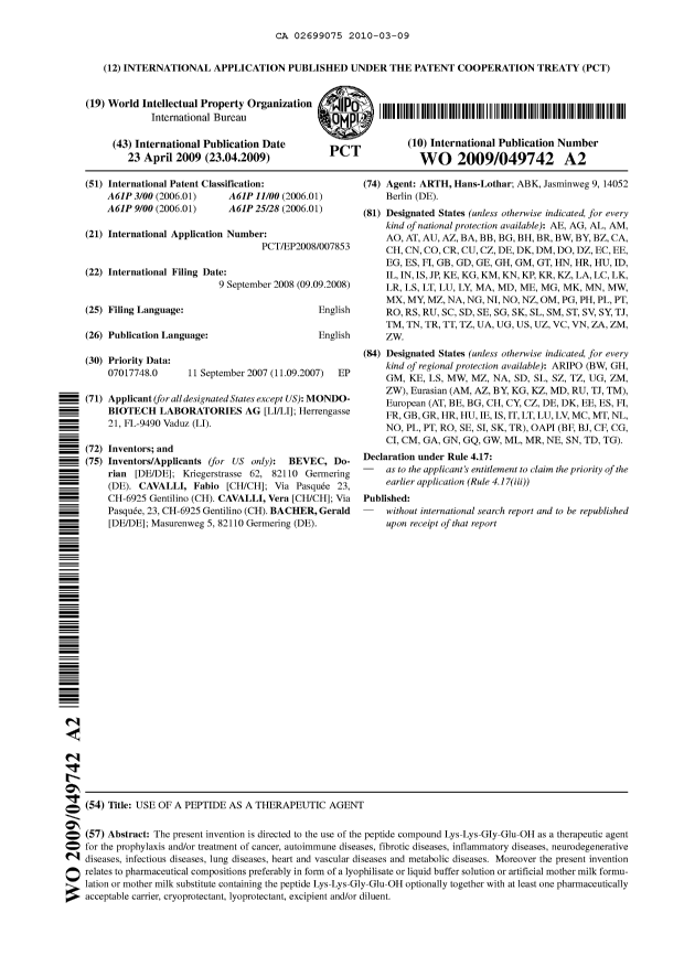 Document de brevet canadien 2699075. Abrégé 20100309. Image 1 de 1