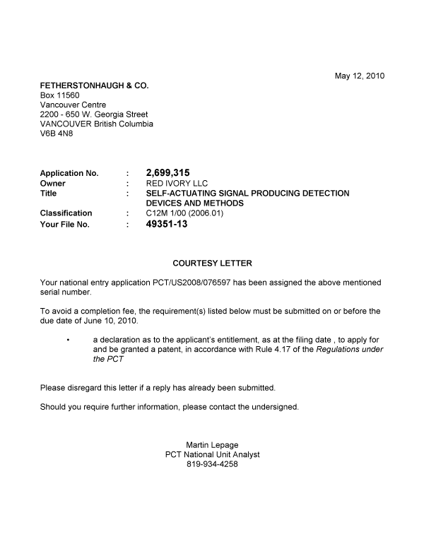 Canadian Patent Document 2699315. Correspondence 20091212. Image 1 of 1
