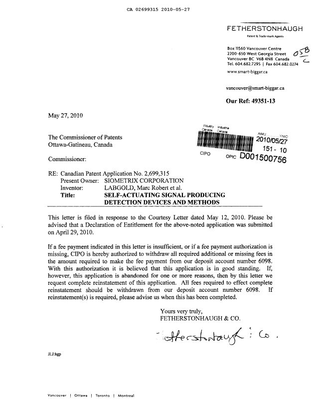 Canadian Patent Document 2699315. Correspondence 20091227. Image 1 of 1
