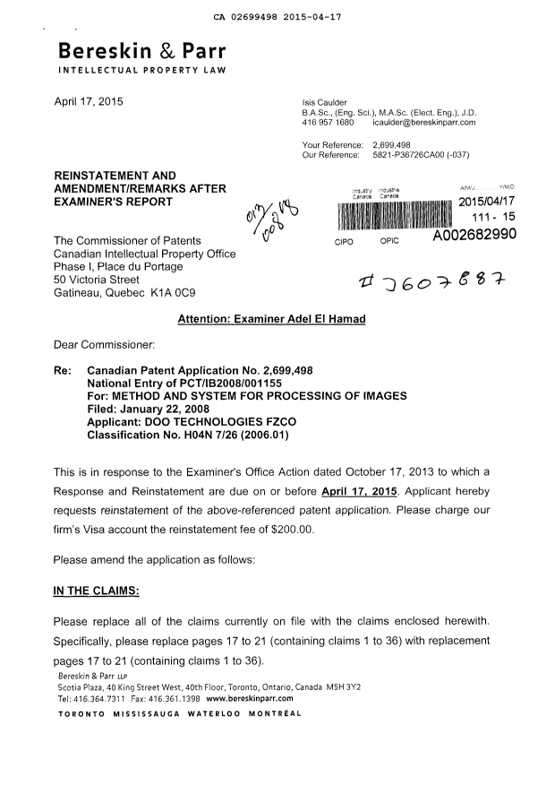 Document de brevet canadien 2699498. Poursuite-Amendment 20150417. Image 1 de 18
