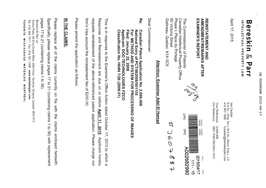 Canadian Patent Document 2699498. Prosecution-Amendment 20150417. Image 1 of 18